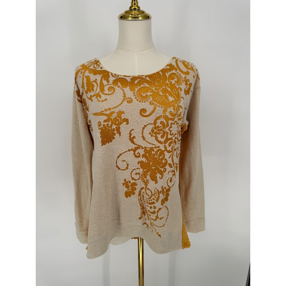 Daytrip Womens Sweater Beige Gold Floral Pattern Long Sleeve Knit Top M